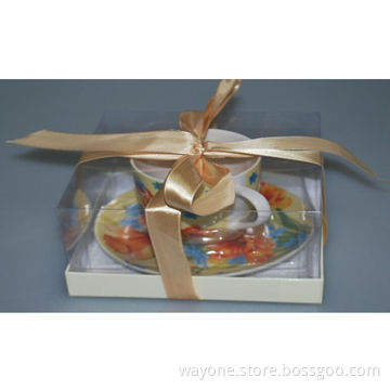 New Bone China 220cc Tea Cup and Saucer, Flower Design, Gift Bottom, PVC Base & PVC Cover with Silk